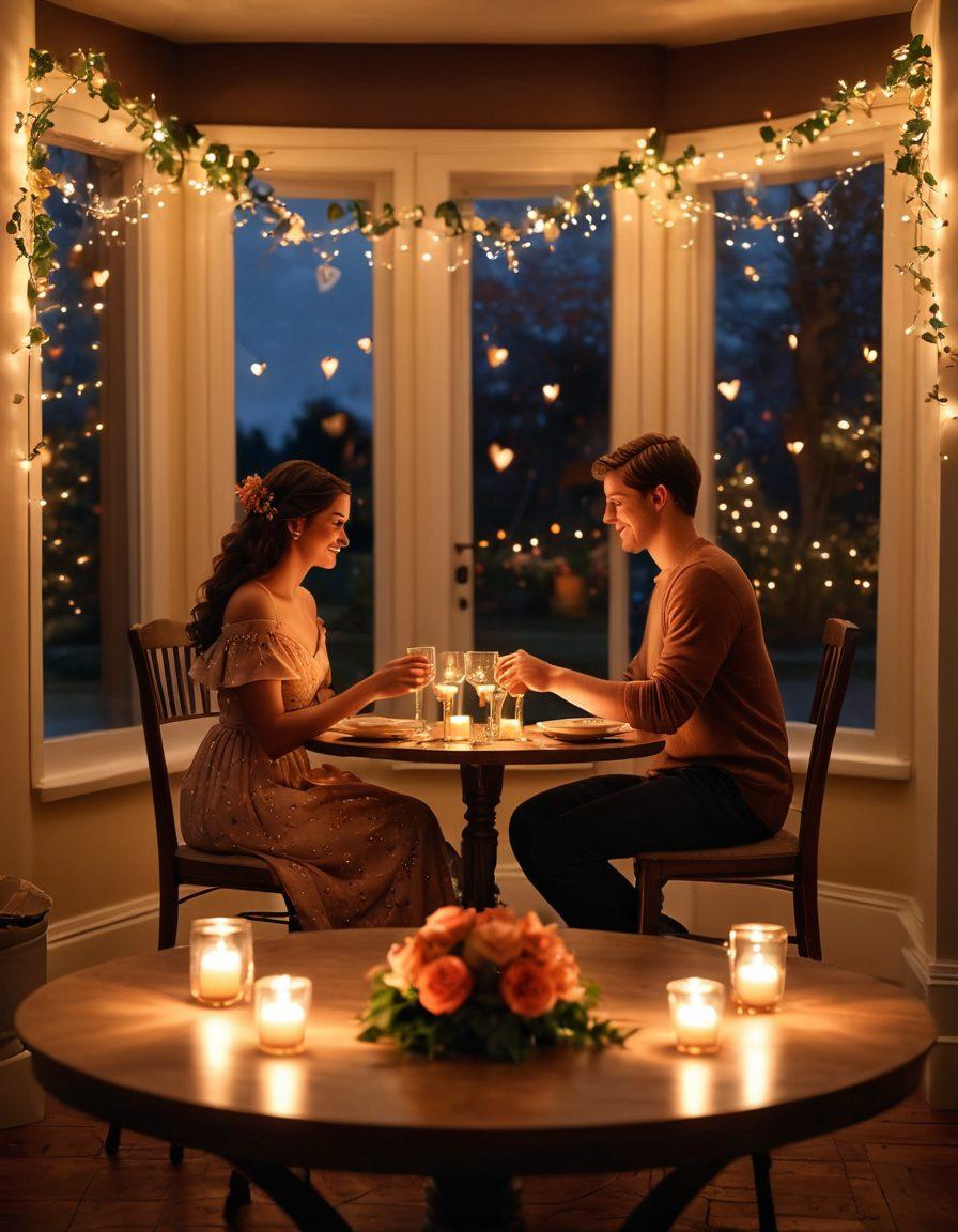 A cozy candlelit dinner setting for two, with warm, inviting colors, a heart-shaped centerpiece, and soft floral arrangements that symbolize romance. The background features silhouettes of a couple dancing under twinkling fairy lights, creating an atmosphere of intimacy and connection. The overall scene radiates love and warmth. super-realistic. vibrant colors. soft lighting.