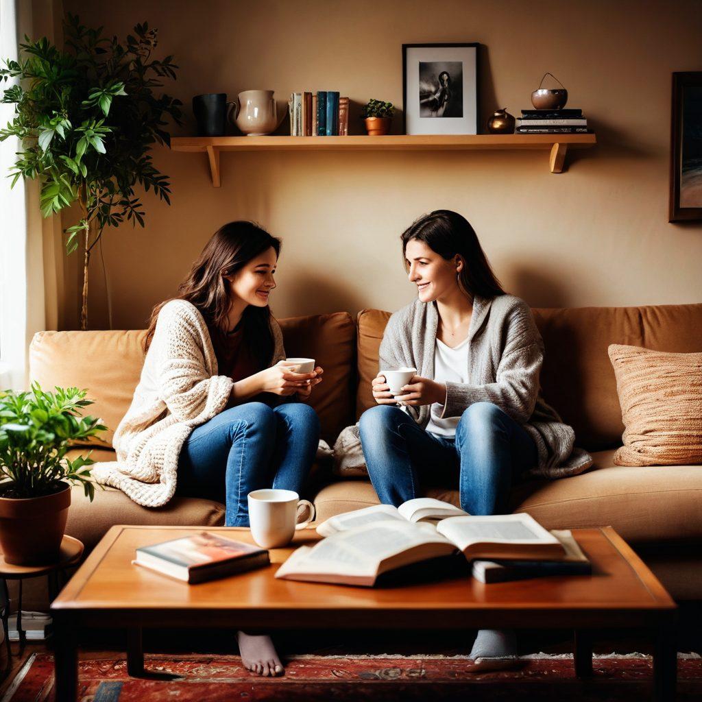 A warm, cozy living room scene featuring two people sitting closely on a sofa, sharing a heartfelt conversation. Soft lighting creates an intimate atmosphere, with cushions and a warm blanket emphasizing comfort. Include a small table with steaming cups of tea and a few personal mementos that signify strong emotional connections. The background should be adorned with plants and books, symbolizing growth and knowledge in relationships. soft focus. warm colors. super-realistic.