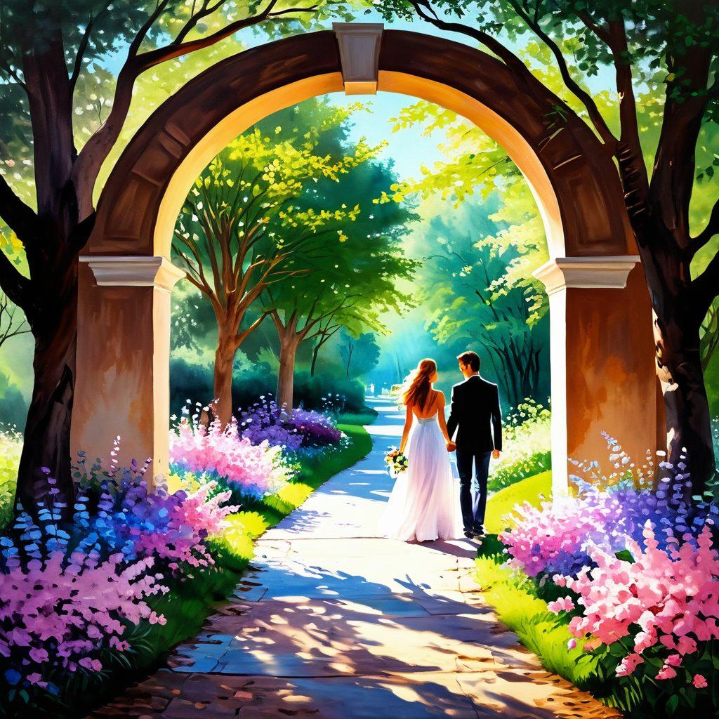 A romantic pathway lined with blooming flowers leading to a beautiful archway symbolizing commitment. Include couples of diverse backgrounds walking hand-in-hand, radiating joy and love. Soft pastel colors create an inviting atmosphere, with gentle sunlight filtering through the trees. The scene captures the essence of love's journey, from the excitement of courtship to a promise of forever. impressionistic painting. vibrant colors.